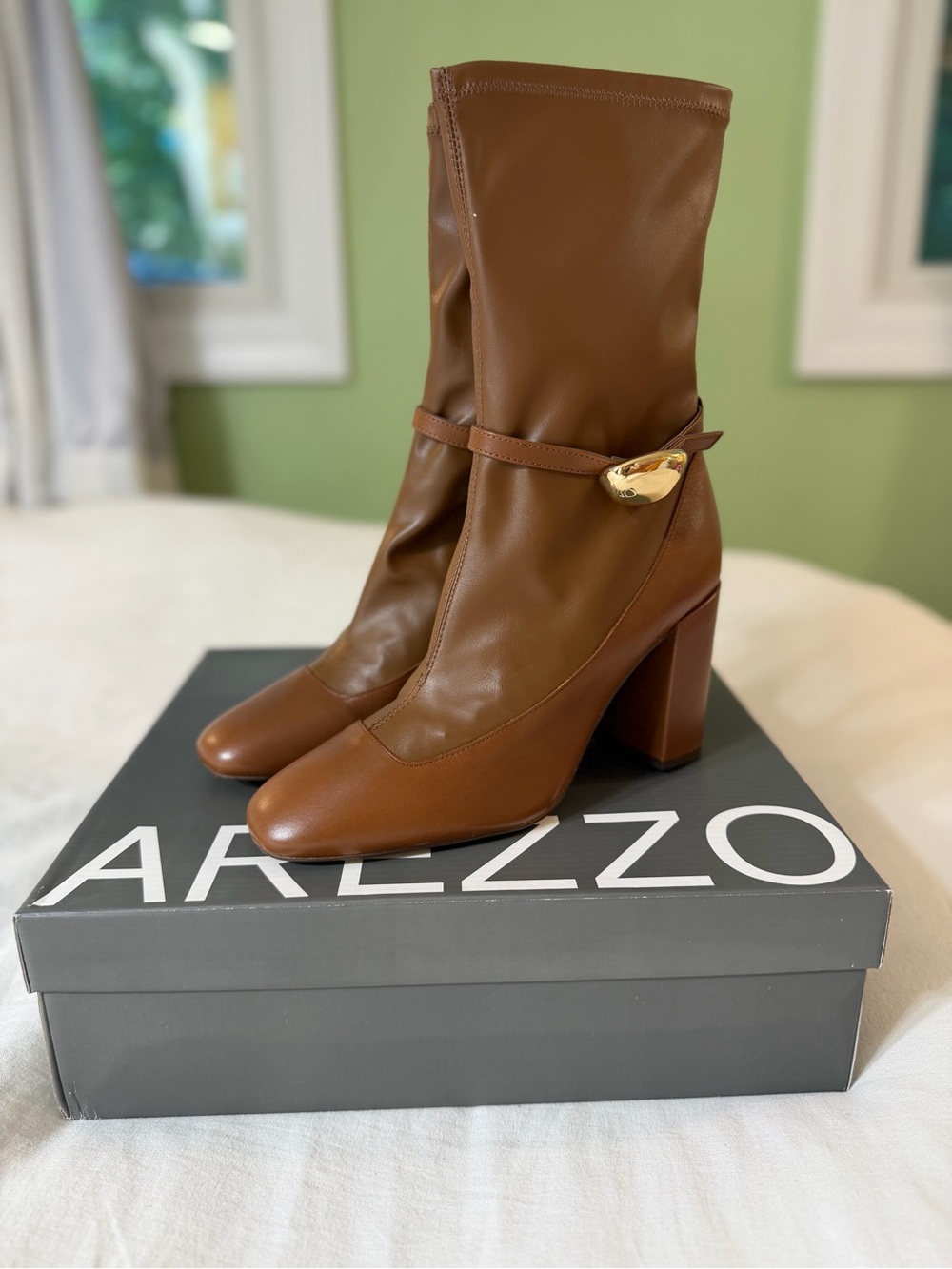 Arezzo Farrah High Block Leather Boot in Caramel